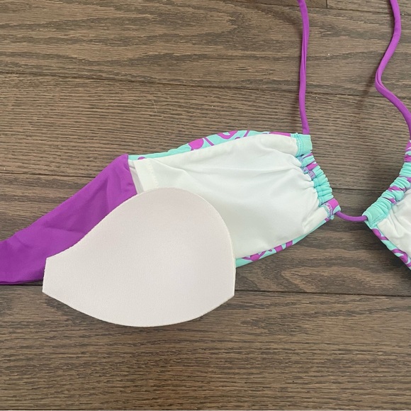 Saha Bikini Swim Set / Bandeau Halter, Ruched Hipster - Turquoise & Purple Print - Picture 9 of 15